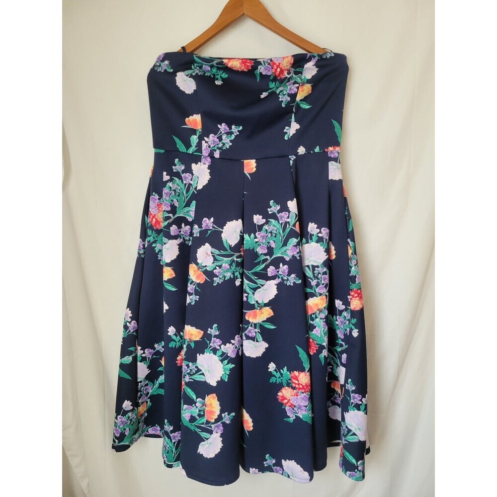 New York & Company Women's L Navy Blue Floral Strapless Pleated Midi Dress